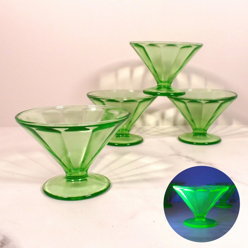 Vintage Federal Glass Green Uranium Glass Optical Panel Sherbet Dishes, Set of 4